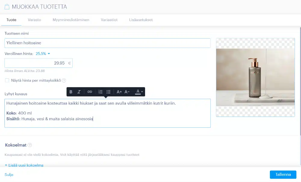 webnode verkkokaupan tuotteen asetukset
